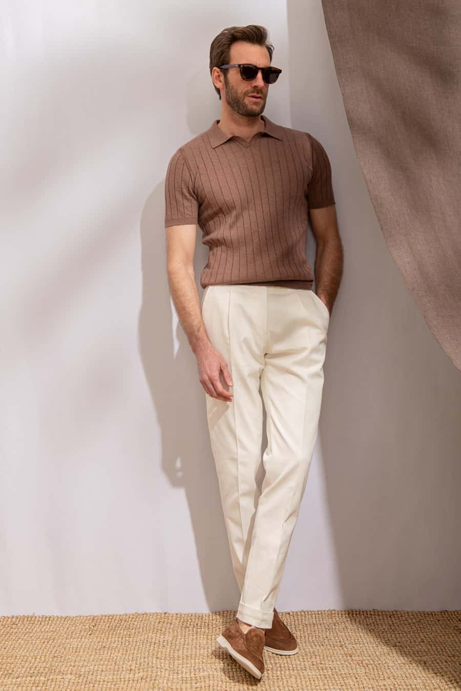 Brown polo with white pants