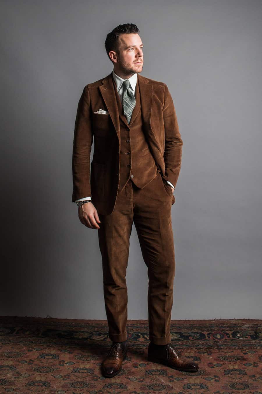 Brown suite with Light peach corduroy pants