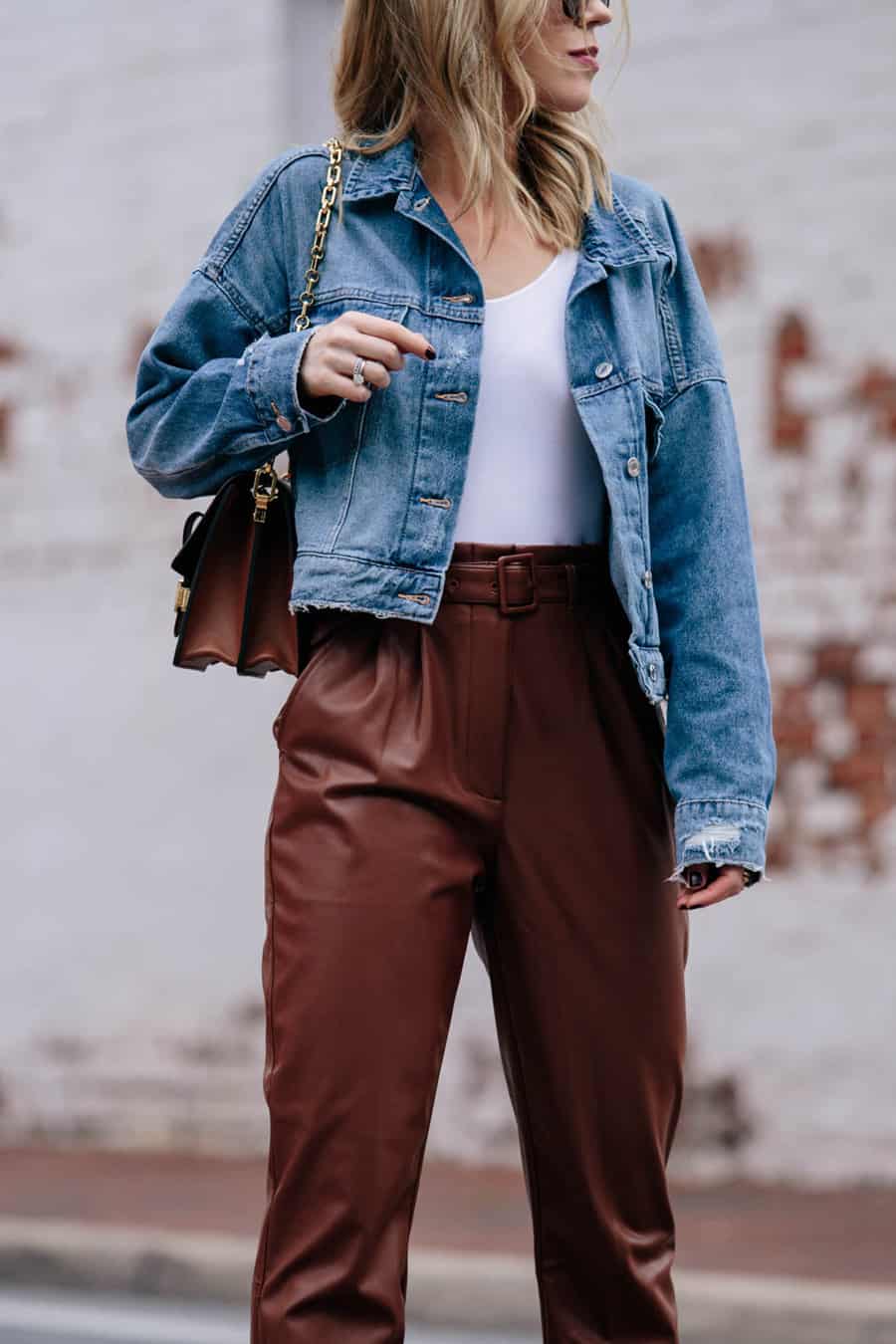 Denim jacket with Brown trousers