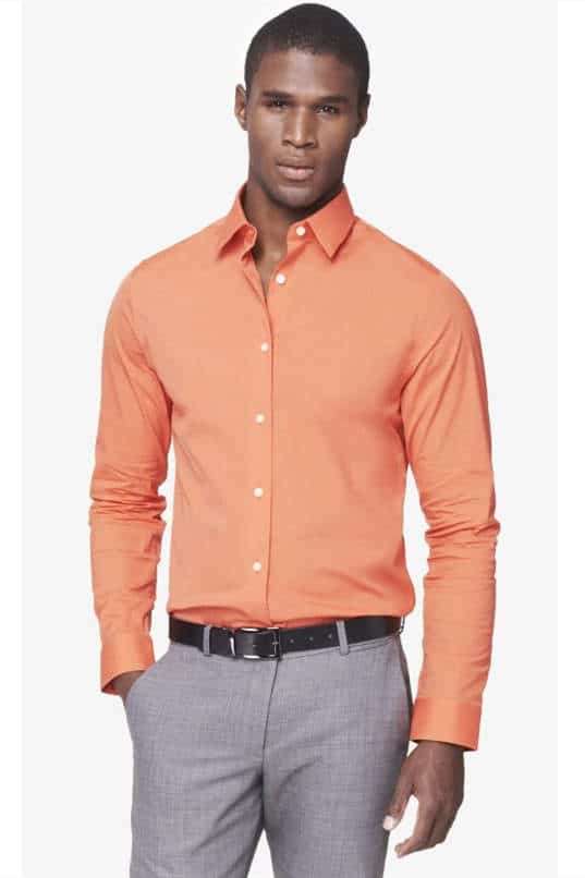 Burnt Orange or Pumpkin Patch shirt and gery pants