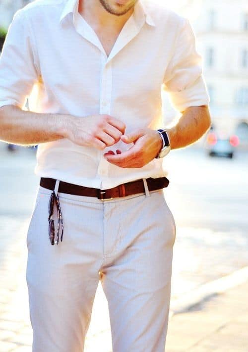 Cream shirt and gery pants