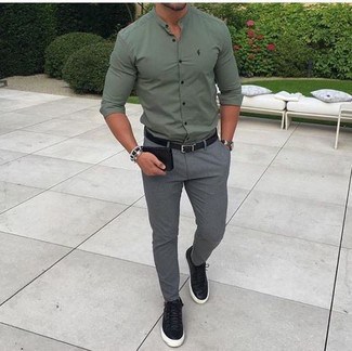 Olive Green shirt and gray pants